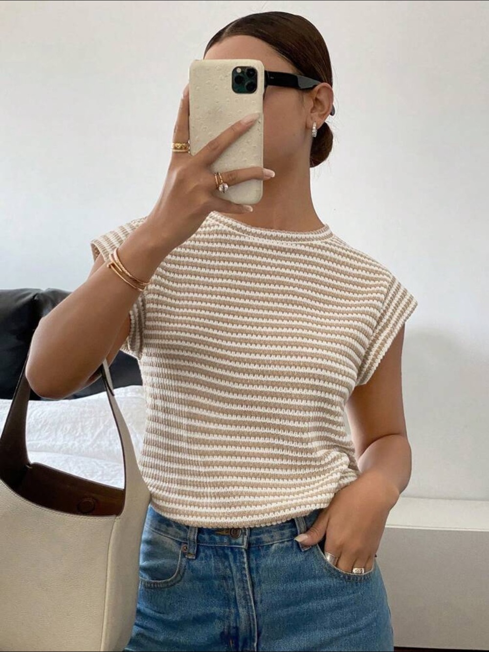 Striped Knit Cap-Sleeve Top in Cream and Tan